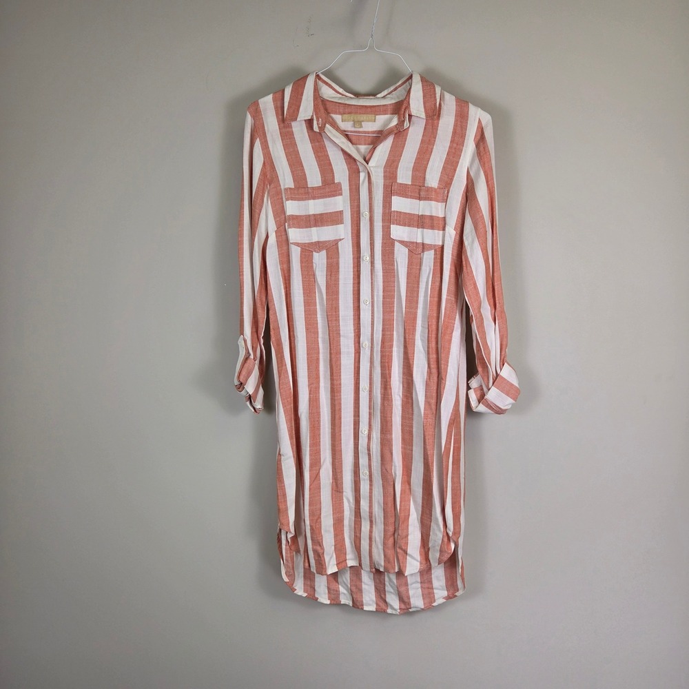 Hope & Harlow Womens Striped Button Down Shirt Dress Coral White Size 8